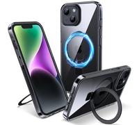 Flyzoo Funda Magnética Kickstand para iPhone 13/14 de Invisible Anillo, [Soporte Trasero Incorporado] Carcasa Transparente de Duro PC Silicona Borde de Protección de la Antigolpes, 6.1'', Negro Clear