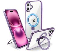 Flyzoo Funda Magnética Kickstand para iPhone 16 Plus de Invisible Anillo, [Soporte Trasero] Carcasa Transparente de Duro PC Silicona Borde de Protección de la Antigolpes, 6.7'', Púrpura Clear