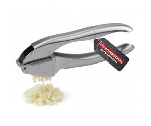 FM Professional 22296 prensa ajo, trituradora de ajo, prensa de ajo, utensilios de cocina, Acero inoxidable, Plata, 17,5 x 3,5 cm