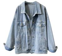 FM2018XSL Chaqueta Vaquera Mujer Oversize Casual Trucker Chaqueta Vaquera con Bolsillos Abrigo Entretiempo Primavera Otoño (FR/ES, Letras, S, Regular, Regular, azul claro)