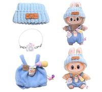 FMKLDENA Ropa de muñeca para la-bubu, Ropa de Peluche de 17 cm para la-bubu, Disfraces para muñecas la-bubu, con 1 Sombrero +1 Mameluco +1 Mochila para cámara, para Otras muñecas de 17 cm (Blue)