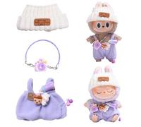 FMKLDENA Ropa de muñeca para la-bubu, Ropa de Peluche de 17 cm para la-bubu, Disfraces para muñecas la-bubu, con 1 Sombrero +1 Mameluco +1 Mochila para cámara, para Otras muñecas de 17 cm (Purple)