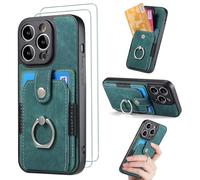 FMPCUON Funda para OPPO A53(2020)/A33/A32/A53S,con [2X Vidrio Cristal Templado] Tarjetero y 360 Anillo Soporte PC y Silicona TPU Case Verde Funda de Cuero Tipo Cartera