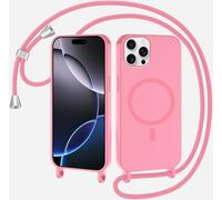 FMPCUON Magnética Funda con Cuerda para iPhone 13 Pro MAX Compatible con Magsafe,TPU Antigolpes Protectora Silicona Case Carcasa con Ajustable Cordon Colgante Cadena,Pink