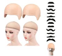 FMPXYYA Calva Disfraz Adulto 2 Piezas Gorro Calvo con 12 Bigotes Falsos y Redes Color Piel Accesorio para Carnaval Halloween Teatro Fiesta