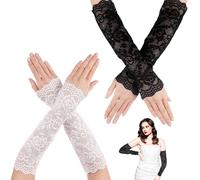 FMPXYYA Guantes Sin Dedos de Encaje Largos 2 Pares para Mujer, Guantes de Malla Vintage Años 20 para Fiesta de Té, Boda, Vestuario y Noche Elegante Mujeres y Niñas