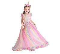FMYFWY Niña Vestido de Unicornio Princesa Cumpleaños Disfraz de Carnaval Halloween Navidad Fiesta de Cosplay para Chicas Bautizo Comunión Boda Velada Ropa con Diadema Multicolor 7-8
