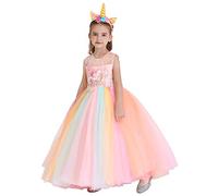 FMYFWY Niña Vestido de Unicornio Princesa Cumpleaños Sin Mangas Disfraz de Carnaval Halloween Navidad Fiesta de Cosplay para Chicas Bautizo Comunión Boda Velada Ropa con Diadema Arcoiris 10-11