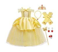 FMYFWY Niñas Vestidos de Belle Disfraz de Carnaval Princesa Cumpleaños Traje de Halloween Navidad Ceremonia Aniversario Bautizo Fiesta de Cosplay Bella y Bestia Costume con Accesorios 9-10