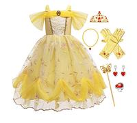 FMYFWY Niñas Vestidos de Belle Disfraz de Carnaval Princesa Cumpleaños Traje de Halloween Navidad Ceremonia Aniversario Bautizo Fiesta de Cosplay Bella y Bestia Costume con Accesorios 4-5