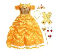 FMYFWY Niñas Vestidos de Belle Disfraz de Carnaval Princesa Cumpleaños Traje de Halloween Navidad Ceremonia Aniversario Bautizo Fiesta de Cosplay Bella y Bestia Costume con Accesorios 9-10