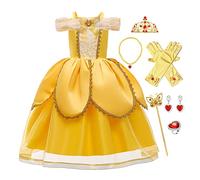 FMYFWY Niñas Vestidos de Belle Disfraz de Carnaval Princesa Cumpleaños Traje de Halloween Navidad Ceremonia Aniversario Bautizo Fiesta de Cosplay Bella y Bestia Costume con Accesorios 7-8 años