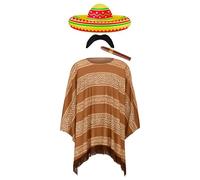 FNA FASHIONS® Conjunto de disfraz de fiesta mexicana, poncho, sombrero inflable, cigarro y bigote, talla única para la mayoría de adultos (poncho marrón)