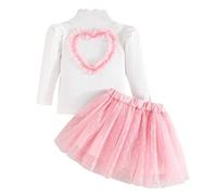 Fnaobai Conjunto de faldas para bebé niña pequeña, primavera, otoño, ropa para niños, diseño de corazón de amor, manga larga, parte superior de punto acanalado, falda tutú de malla
