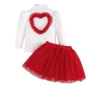 Fnaobai Conjunto de faldas para bebé niña pequeña, primavera, otoño, ropa para niños, diseño de corazón de amor, manga larga, parte superior de punto acanalado, falda tutú de malla