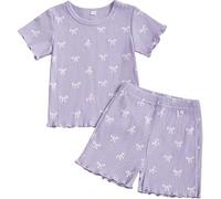 Fnaobai Niño pequeño Bebé niña Ropa de verano Volante Punto acanalado con volantes Mangas cortas Lindo lazo Camiseta Tops y Shorts Outfit