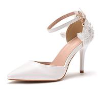 FNKPI Zapatos de Novia para Mujer, Sandalias de tacón de Aguja con Temperamento Puntiagudo, Zapatos de Dama de Honor, para Bodas, Fiestas, Bailes, escenas de Lujo,Blanco,37 EU