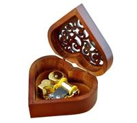 FnLy Antique Engraved Wooden Wind-Up Musical Box Over The Rainbow Musical Box with Gold-Plating Movement in Heart-Shaped