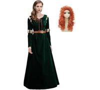 Foanja Mujer Merida Disfraz Cosplay Brave Princesa Merida Vestido de Terciopelo con Cinturón y Pelucas Dress up Navidad Carnaval Halloween Cumpleaños Fiesta Fancy Costume, Verde