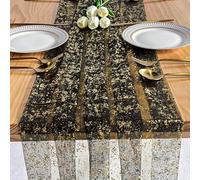 Foatcox Camino de Mesa Negro Dorado, 75 x 300 CM Ligero Fluido de Tul Camino de Mesa Lámina de Oro, para Bodas Bohemias, Fiestas Cumpleaños, Navidad, Año Nuevo Decoración de Mesas de Cumpleaños Arco