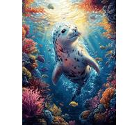 Foca nadando en océano vibrante Puzzles 1000 Piezas Maquetas 3D Educativas Profesionales Paisaje de cuento de hadas en caricatura Rompecabezas Para Familia Construir DIY Moderno Aliviar Estrés Decorac