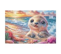 Foca Ola océano Atardecer Costa Vida de Ocio Costera Puzzles 1000 Piezas Moderno Minimalista Happy Time Rompecabezas Familiar para Adultos 3D Maquetas Construir Aliviar Estrés Decorativo 1000 PCS