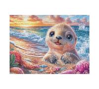 Foca ola océano atardecer costa vida de ocio costera Puzzles 500 Piezas Estera Portátil 3D Antideslizante Happy Time Rompecabezas Familiar Para Adultos Aliviar Estrés Decoración Hogar Moderno Creativo