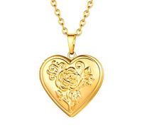 FOCALOOK Guardapelo Romántico Colgants Corazón Dorado Mujer con Flor Cadena Latón Oro Amarillo 18K Collar Moderno Novia Pareja