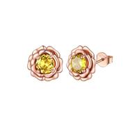 FOCALOOK Joyería Deliciosa Mujer Flor Rosa con Piedra Redonda Topacio Amarillo de Noviembre Pendientes Hipoalergénicas Oro Rosa Plata de Ley 925 Regalo Pareja Joyerías Minimalistas para Valentín