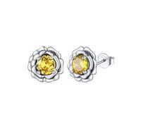 FOCALOOK Joyería Deliciosa Mujer Flor Rosa con Piedra Redonda Topacio Amarillo de Noviembre Pendientes Hipoalergénicas Oro Blanco Plata de Ley 925 Regalo Pareja Joyerías Minimalistas para Valentín