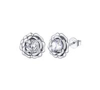 FOCALOOK Pendientes Flor Rosa Mujer Plata de Ley 925 con Piedras de Cumpleaños Abril Diamante Sintético Joyería Preciosa Platino Plateado de Moda para Pareja