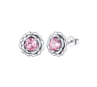 FOCALOOK Pendientes Flor Rosa Platino Plateado Circonita Mujer Plata de Ley 925 Aretes Delicados Madre Pareja Piedra Sintética Turnalina Rosado Octubre Regalo Aniversario Valentín