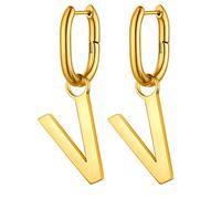 FOCALOOK Pendientes Hipoalergénicos Acero Inoxidable 316L Mujeres Aretes Letras Primeras 26 Alfabeto V Aros Forma U Oro 18K Joyería Simple de Orejas de Madres Hijas Amigas