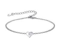 FOCALOOK Pulsera Inicial R Nombre Pulsera Corazón para Mujeres Plata de Ley 925 16cm Cadena Delgadas Chapado en Oro Blanco Regalo Vacaciones Graduaciones