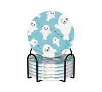 Focas Divertidas y Lindas,Posavasos Redondos de cerámica, Almohadilla para Tazas, Juego de 6 Posavasos para Bebidas