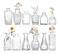 Focenat 12 Mini Jarrones de Cristal, Jarrones para Flores, Decorativos Vintage, Jarrones Decorativos, Botellas de Cristal para Decoración Mesa Boda, Decoración del Hogar Salón