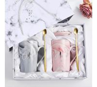 Focenat 2Pcs Sr. y La Sra. Tazas De Regalo,Mr y Mrs Set de Tazas de Café,400ml Taza de Cerámica con Patrón de Mármol,con Tapa y Cuchara,Caja de Regalo,para Aniversario de Boda,Parejas Casadas