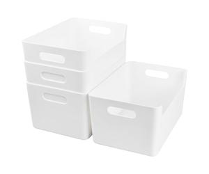 Focenat 4 Piezas Cajas Organizadoras de Plastico, Cestas Almacenaje, Cajas Almacenaje con Asa, Cajas Ordenacion Plastico para Cocina, Baño, Oficina, Escritorio, Cosmético, 25 x 17 x 13.5 cm, Blanco