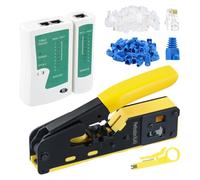 Focenat Herramienta de Crimpado RJ45, Crimpadora RJ45, Pasante Crimpadora 8P/6P, para Conectores de Cable Cat5 Cat6 Cat7, con 50 Conectores, 1 Mini Pelacables