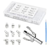 Focenat Juego de Engrasadores, 170 Piezas Surtido de Hierro Niquelado Boquilla Engrasadora M6 M8 M10, Acoplador para Engrasar con Manguera de 30 cm, Engrasadores para Prensas de Engrase Engrasador