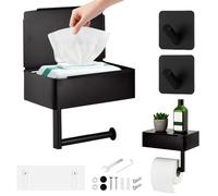 Focenat Portarrollos de Papel Higiénico Negro Mate con Caja para Toallitas Húmedas, Acero Inoxidable sin Taladrar, Soporte Adhesivo con Estante para Baño y Cocina