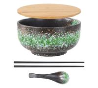 Focenat Ramen Bowl De Cerámica, 1500ML Ensaladera grande, Tazón de Ramen Japonés con Palillos y Cuchara, Cuencos de Cereales, Cuencos de Sopa, Juego de Tazones de Cerámica para Desayuno (Verde)