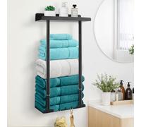 Focenat Toallero de Baño, Toalleros Retráctil 41-75CM, Toallero Barra con Ganchos y Estante, Adhesivo Toallero de Pared Sin Taladrar para Baño, Almacenamiento para Toallas Baño Soporte (Negro)