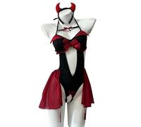 FOCICE Disfraz de diablo para mujer, de una pieza, con cuernos, para Halloween, talla única, color negro y rojo