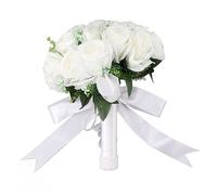 Focket Ramo de Boda, 12.2 X 8.7 Pulgadas, Rosas Artificiales Blancas Que No Se Marchitan, Ramo de Flores Vintage con Cristal de Perlas Falsas para Novia, Dama de, Boda, Iglesia, Decoración del Hogar