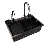 Fockety Fregadero de Cocina Submound, 26.8" X 17.7" de Doble Tazón de Acero Inoxidable Fregadero de Cocina con Cascada, Combo de Grifo, Lavadora, Fregaderos de Estación de Trabajo