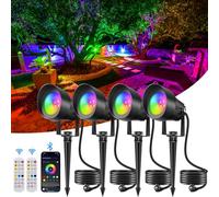 Foco jardin rgb, NATPOW RGB Foco LED de exterior, foco exterior estaca, blanco cálido + modo multicolor RGB, IP65 aluminio, 4 piezas, Con mando a distancia y APP Bluetooth, para patio, camino, suelo.