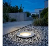 Foco LED empotrable de suelo exterior, inox níquel, vidrio, Ø 12 cm, IP67 | Ø 12 x al. 3,5 cm, 300 g, LED integrado 9,2 W, 426 lm (320 lm efectivos), 3000 K, IP67, 230 V, no regulable