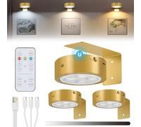 Foco LED Recargable USB, 3 Luces Para Cuadros Sin Cable Con Mando, Temporizador,Magnetismo，Lamparas LED a Pilas 3 Temperaturas de Color Brillo Ajustable con Temporizador para Imagen Armario (Dorado)