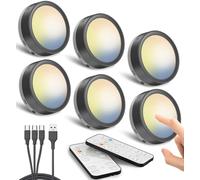 Foco LED Recargable USB para Interior, 1600mAh Luz LED Armario Pilas con Mando Luces Vitrina Sin Cable Magnética Lámpara Cocina Debajo Mueble Adhesiva Luz Pulsador Iluminacion Tactil Inalambrica Negra